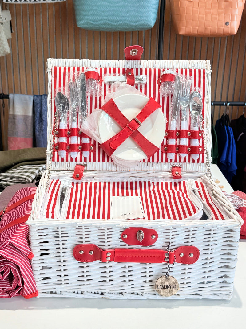 CESTA PICNIC BLANCA ROJO 4 SERVICIOS CON MANTEL LAMONYOS