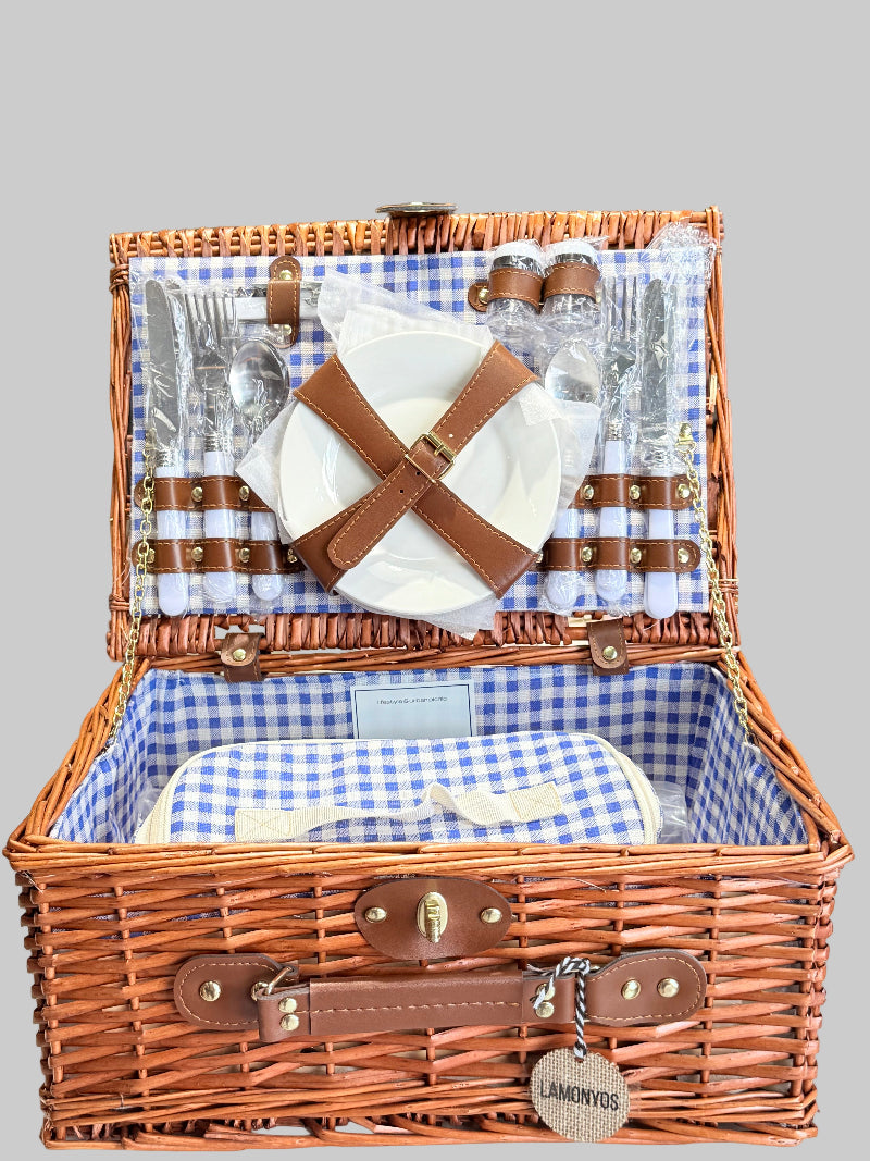 CESTA PICNIC MARRON CUADROS AZULES VICHY 4 SERVICIOS  LAMONYOS