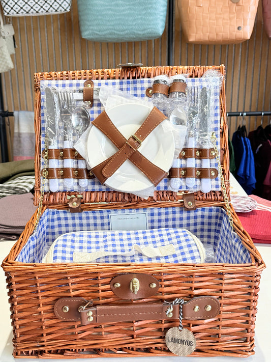CESTA PICNIC MARRON CUADROS AZULES VICHY 4 SERVICIOS  LAMONYOS