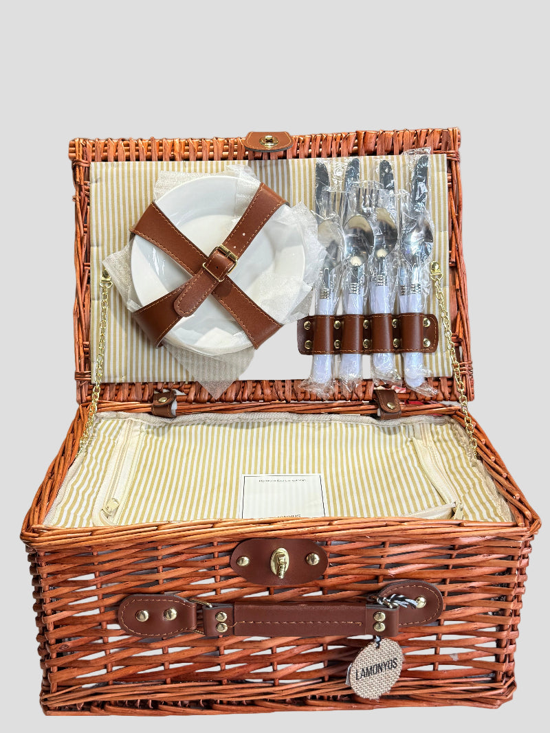 CESTA PICNIC MARRON RAYAS BEIGE 4 SERVICIOS LAMONYOS