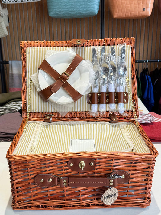 CESTA PICNIC MARRON RAYAS BEIGE 4 SERVICIOS LAMONYOS