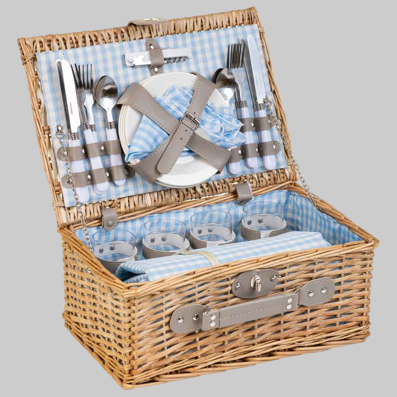 CESTA PICNIC NATURAL CUADROS AZUL CELESTE