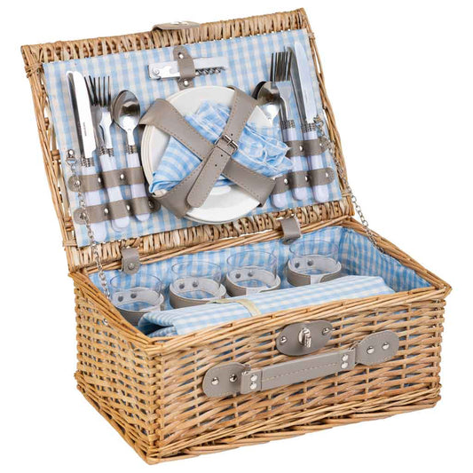 CESTA PICNIC NATURAL CUADROS AZUL CELESTE