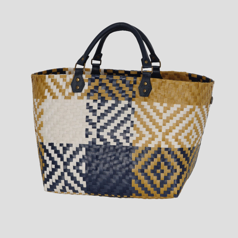 QUINN PICNIC SHOPPER L NAVY OCHRE YELLOW CHAMPAGNE HANDED BY_LAMONYOS